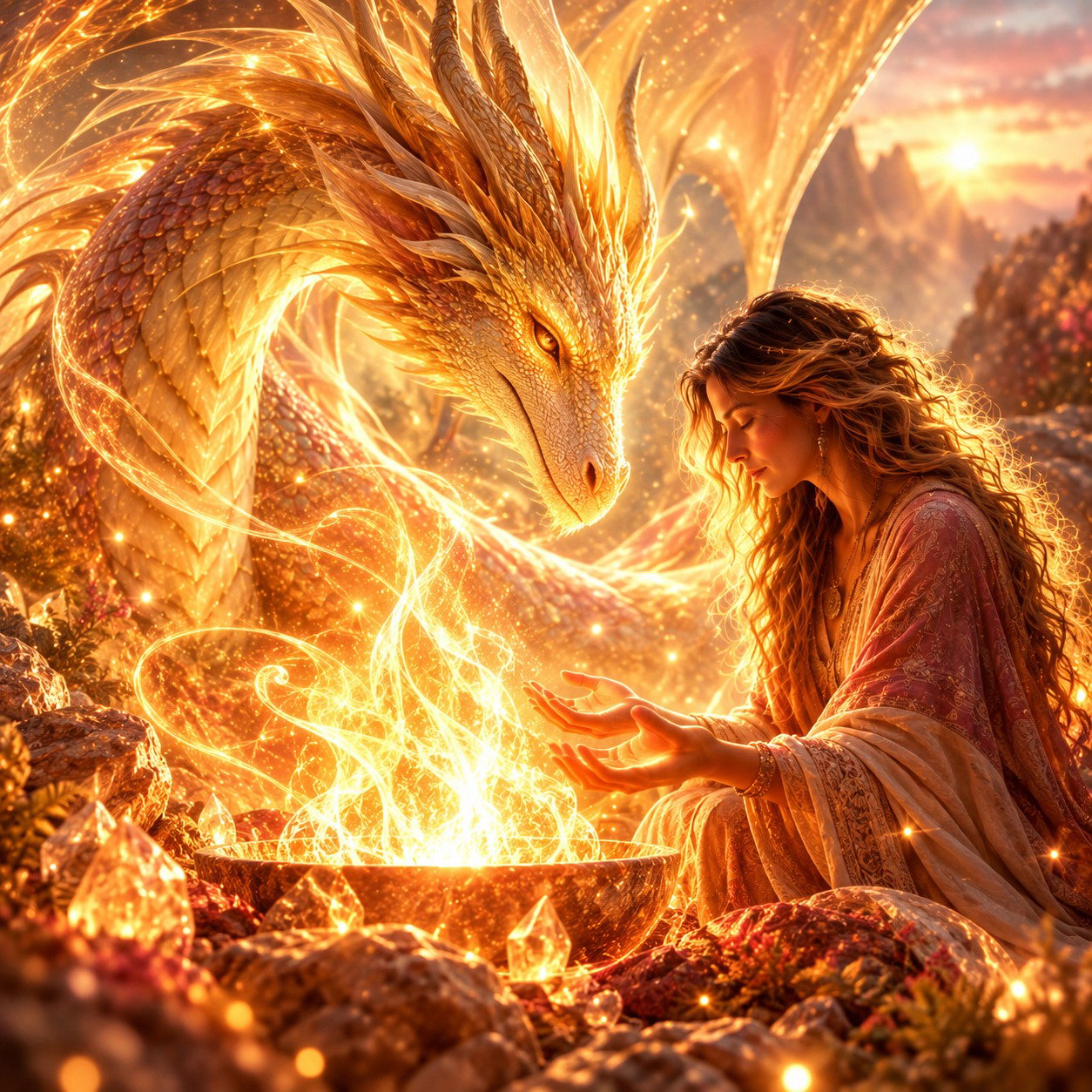 Eine Frau mit offenen Händen am goldenen Drachenfeuer, ein leuchtender Drache neigt sich zu ihr