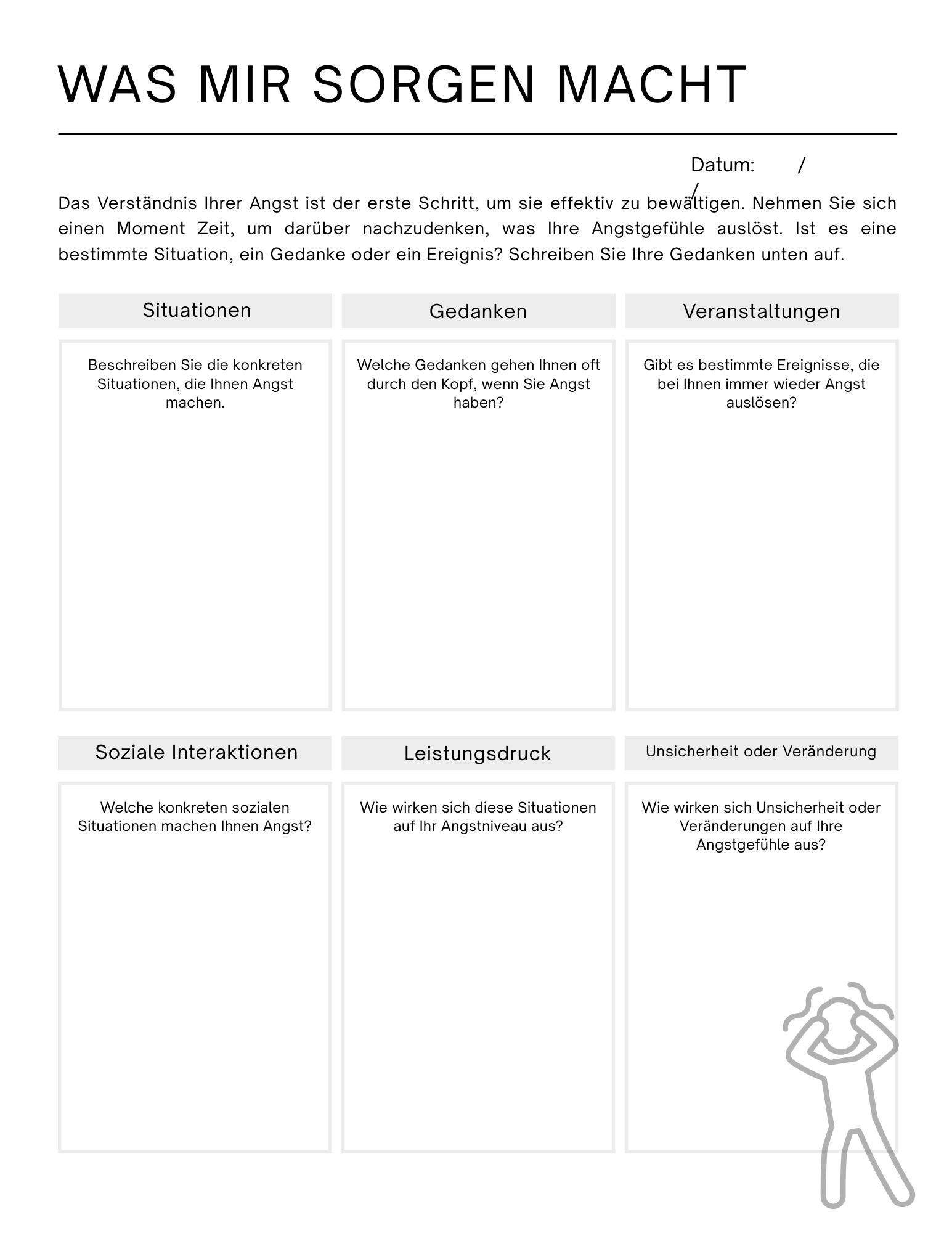 Mein Körper in Angstmomenten. Hier lernst du wahrzunehmen, wie Angst sich körperlich anfühlt. Dieses Bewusstsein ist ein wichtiger Schritt, um wieder mehr Kontrolle und Sicherheit zu gewinnen. Wirkung: Mehr Körpervertrauen. Weniger Hilflosigkeit.