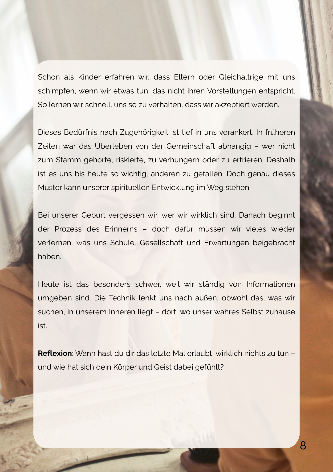 Das Selbst finden Wer bin ich jenseits von Erwartungen?  Im Laufe unseres Lebens übernehmen wir viele Rollen. Wir passen uns an, funktionieren und erfüllen Erwartungen – oft ohne es bewusst zu merken.  Diese Seite lädt dich ein, einen Moment innezuhalten und dich selbst wieder wahrzunehmen.