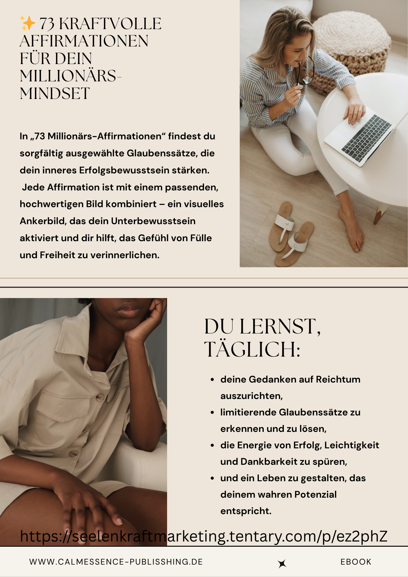 Ich bin ein Magnet für Reichtum und Wohlstand.Diese Affirmation richtet deinen Fokus auf Fülle und Möglichkeiten. Sie unterstützt dich dabei, dich innerlich für Wohlstand zu öffnen und dich selbst als empfangsbereit wahrzunehmen. Wirkung: Innere Ausrichtung. Mehr Vertrauen in Wachstum.