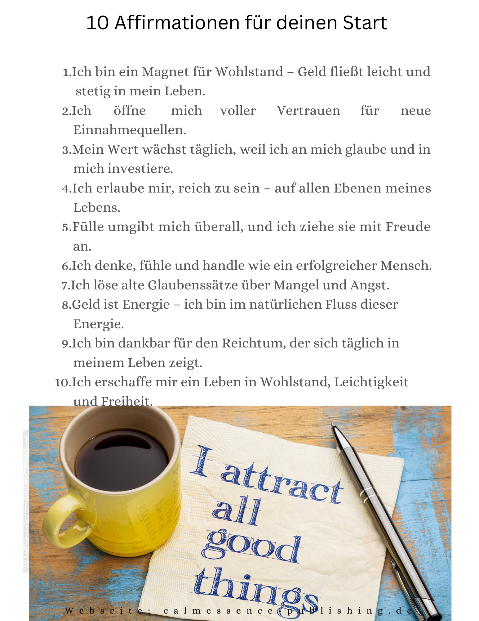 10 Affirmationen für deinen Start  Dieses Freebie enthält unter anderem Affirmationen wie:  Ich bin ein Magnet für Wohlstand – Geld darf leicht zu mir fließen.  Mein Wert wächst täglich, weil ich an mich glaube und in mich investiere.  Ich denke, fühle und handle wie ein erfolgreicher Mensch.  Ich löse alte Glaubenssätze über Mangel und Angst.  Jede Affirmation ist bewusst klar, modern und alltagstauglich formuliert.