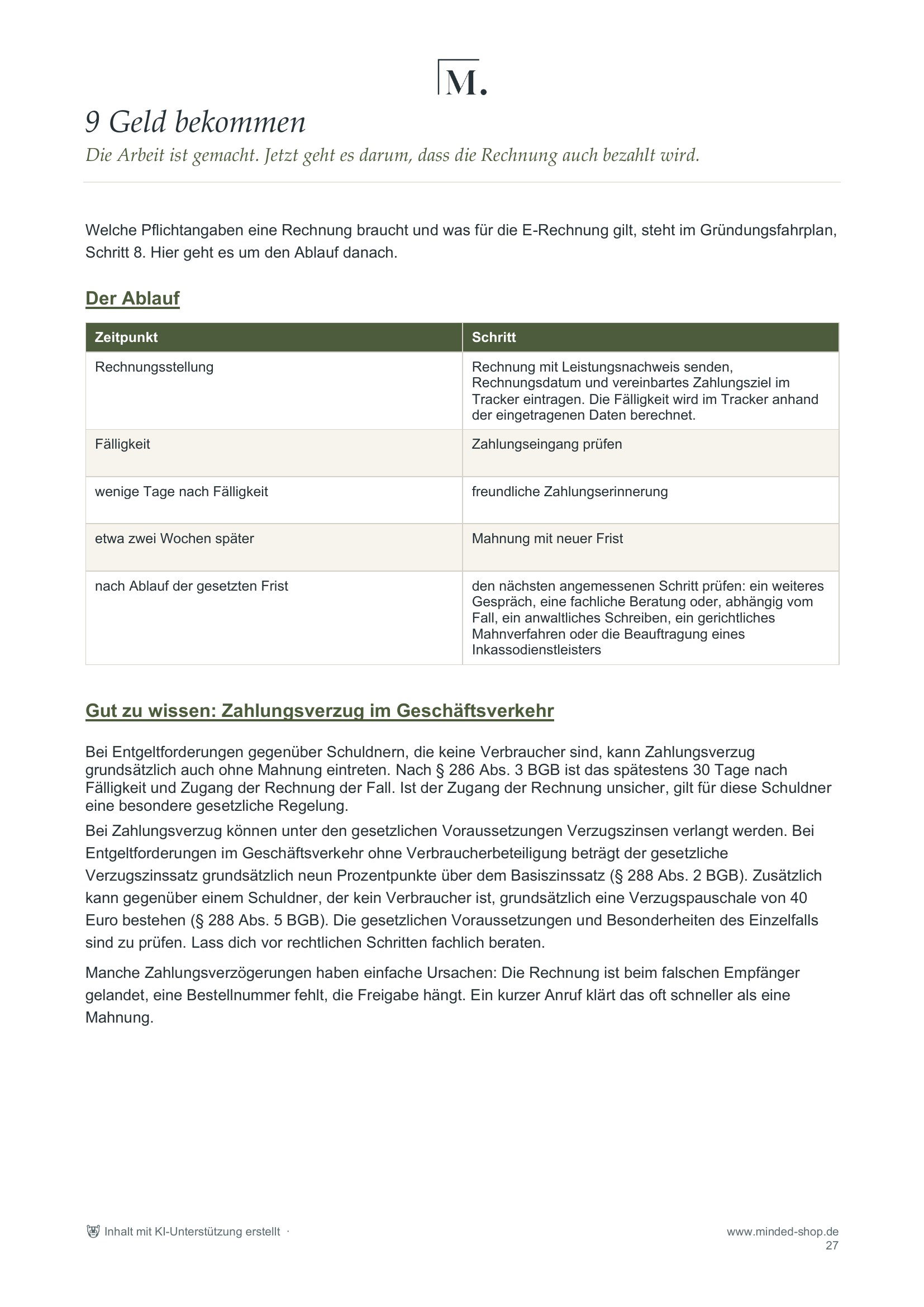 Auftragsfahrplan: Zahlungsbedingungen und Rechnung