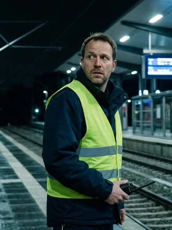 Mitarbeiter mit Warnweste auf einem Bahnsteig bei Nacht